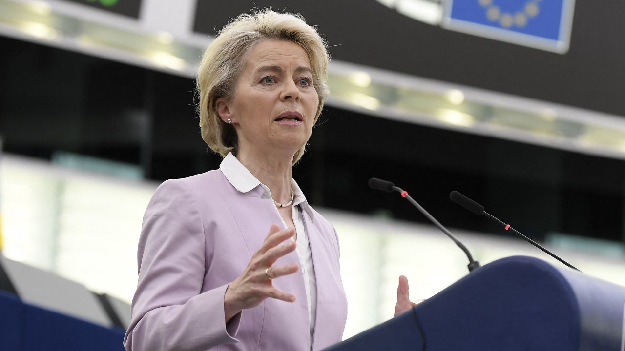 European Commission President Ursula von der Leyen speaks during a debate as part of a plenary session at the European Parliament on June 8, 2022 in Strasbourg, eastern France. 
