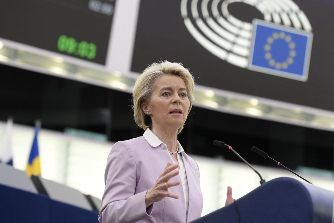 European Commission President Ursula von der Leyen speaks during a debate as part of a plenary session at the European Parliament on June 8, 2022 in Strasbourg, eastern France. 