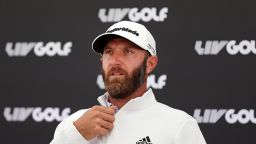 US golfer Dustin Johnson attends a press conference ahead of the forthcoming LIV Golf Invitational Series event at The Centurion Club in St Albans, north of London, on June 7, 2022. - Former world number one golfer Dustin Johnson confirmed on Tuesday he has resigned his membership of the US PGA Tour to play in the breakaway LIV Golf Invitational Series. The decision effectively rules the American two-time major winner out of participating in the Ryder Cup, which pits the United States against Europe every two years. Six-time major winner Phil Mickelson confirmed on Monday he had also signed up to play in the inaugural LIV event in a major coup for the organisers.