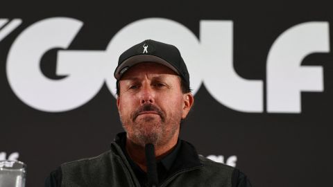 Mickelson attends a press conference ahead of the LIV Golf series event at the Centurion Club.
