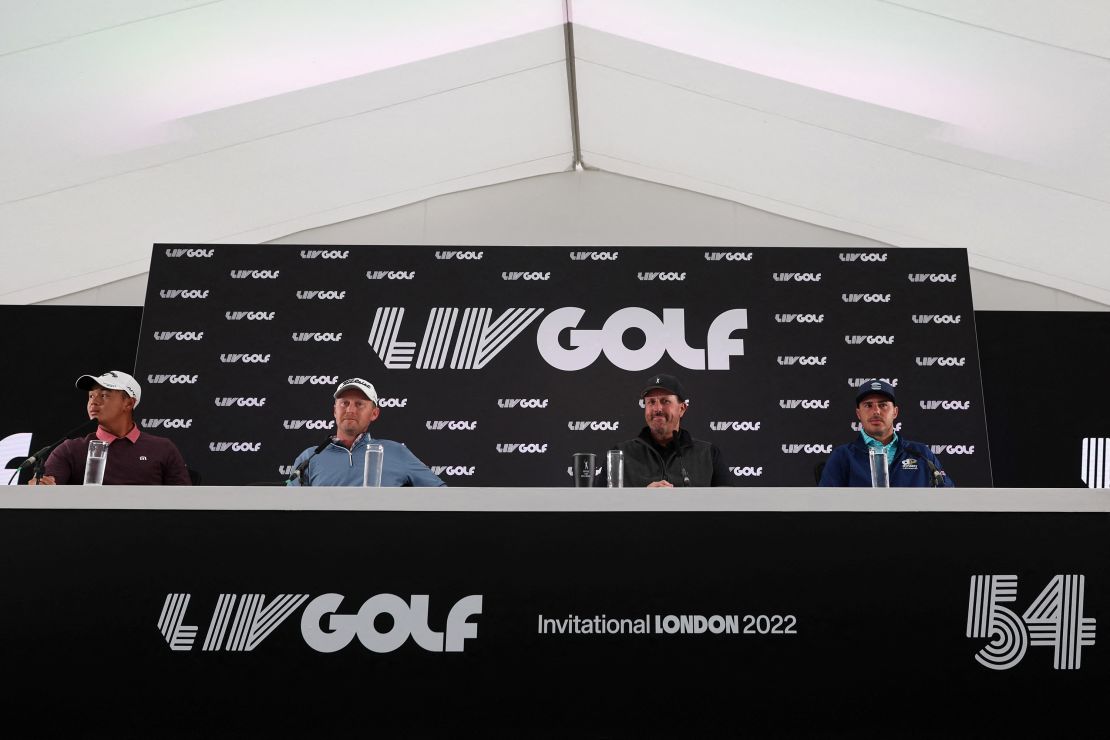 Members of the HY Flyers GC team (from left) Thailand's TK Chantananuwat, South Africa's Justin Harding, Mickelson and the US' Chase Koepka pose for pictures during a press conference ahead of the LIV Golf series event at the Centurion Club.