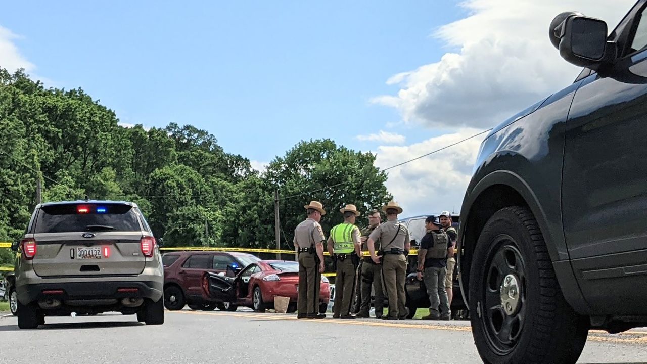 Police are seen at the scene of a shooting in Smithsburg, Maryland.