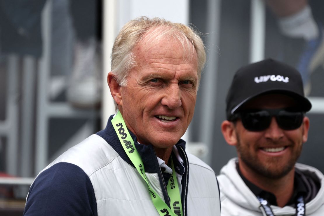 Greg Norman smiles on the first tee on the first day of the LIV Golf series at the Centurion Club.