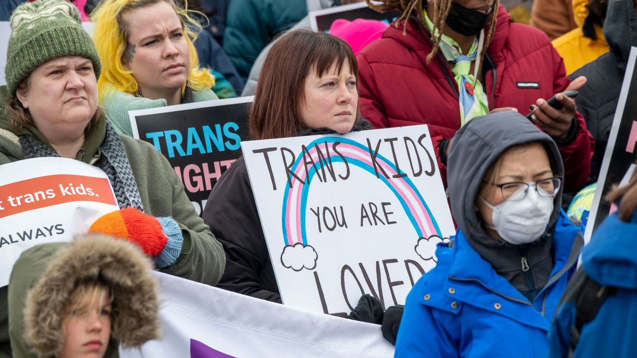 People rally at the Minnesota Capitol in St. Paul in support of transgender kids in March.