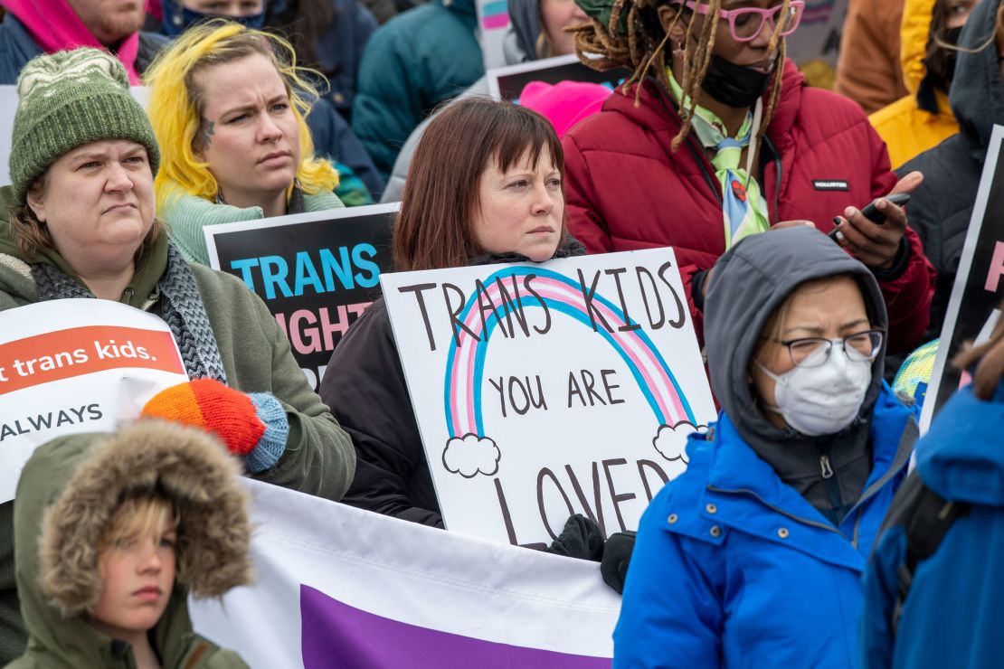 People rally at the Minnesota Capitol in St. Paul in support of transgender kids in March.