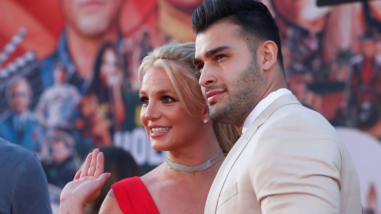 Britney Spears and Sam Asghari pose at the premiere of "Once Upon a Time In Hollywood" in Los Angeles on July 22, 2019. 