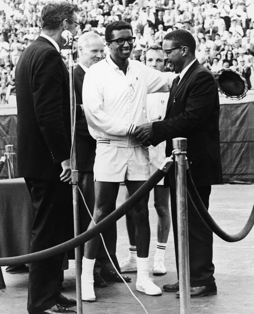 Ashe is congratulated by his father, Arthur Ashe Sr., after winning the US Open in 1968. Ashe was the first Black man to win a grand slam singles title. He would also go on to win the Australian Open in 1970 and the US Open in 1975.