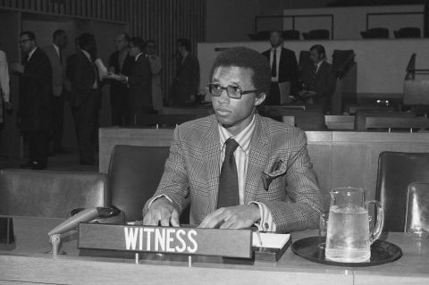 Ashe attends a hearing at the United Nations in New York in 1970. He was campaigning for South Africa to be excluded from the International Tennis Federation. He had earlier been denied a visa by the country's apartheid government.