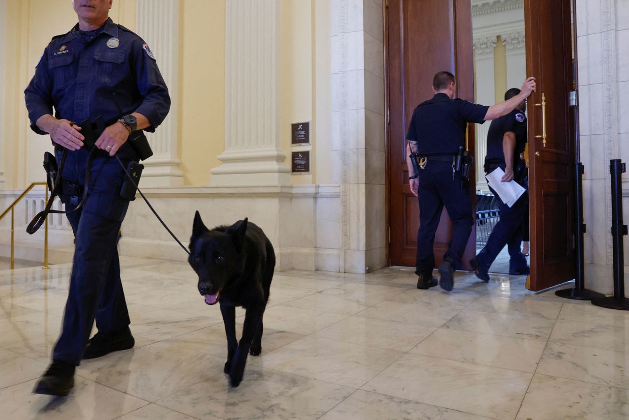 Capitol Police officers participate in a routine security sweep on June 9.