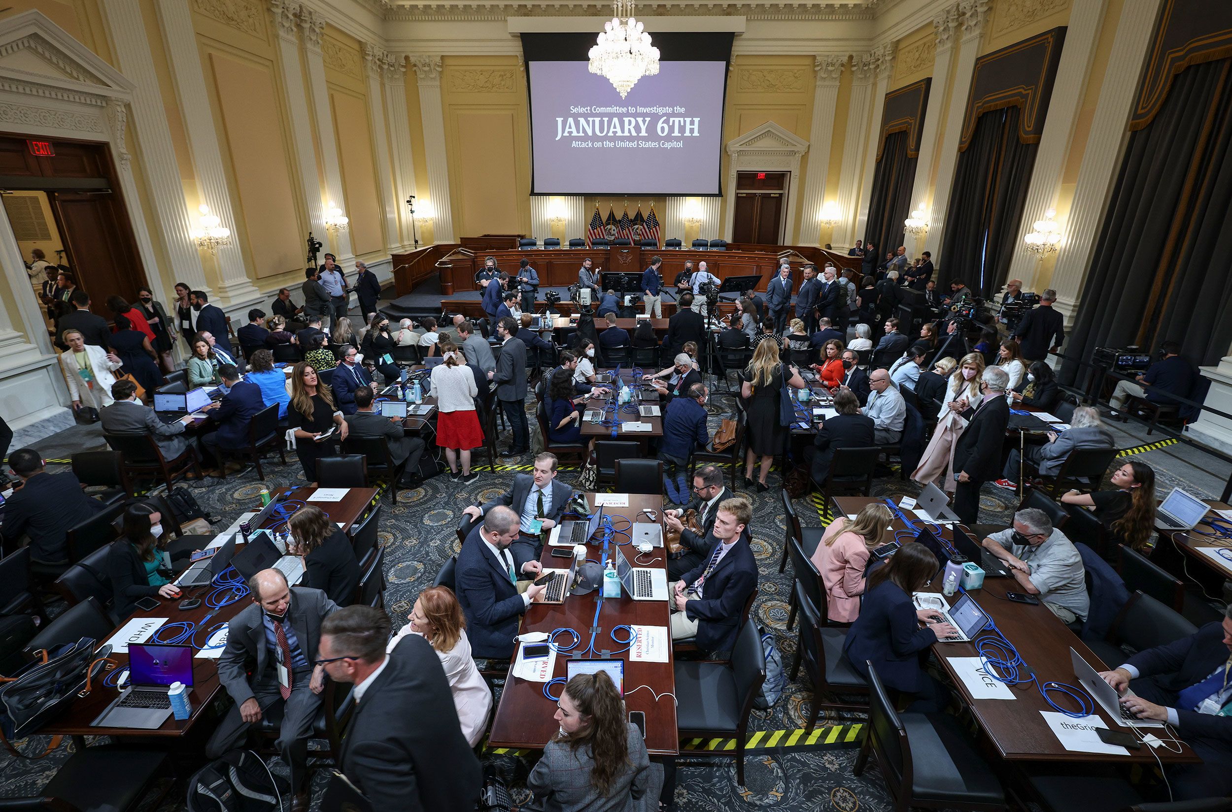 Members of the media set up prior to the prime-time hearing on June 9.