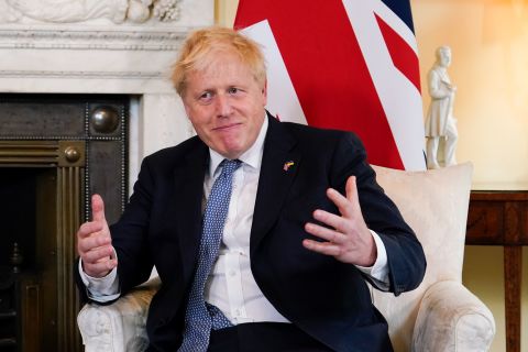 British Prime Minister Boris Johnson gestures as he meets Estonian Prime Minister Kaja Kallas at No. 10 Downing Street in London on Monday, June 6. After a tidal wave of recent criticism — which included illegal, lockdown-breaking parties thrown in his Downing Street offices — <a href=