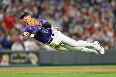 Colorado's Ryan McMahon throws to first base after fielding a ground ball against Atlanta during a Major League Baseball game on Friday, June 3.