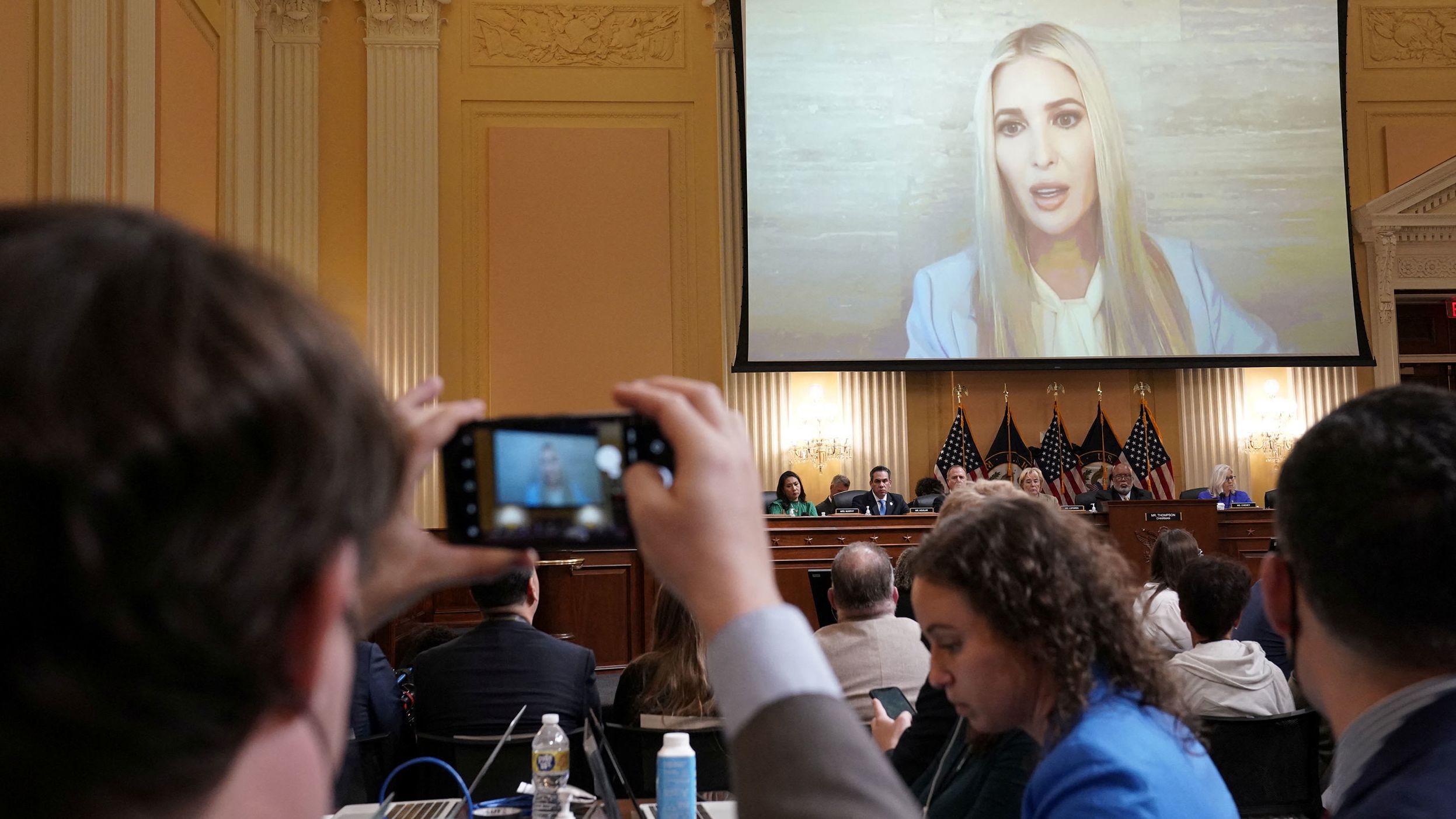 Former White House Senior Adviser Ivanka Trump is seen on a video screen as <a href="index.php?page=&url=https%3A%2F%2Fwww.cnn.com%2Fpolitics%2Flive-news%2Fjanuary-6-hearings-june-9%2Fh_27be376e9a15bebd7ba4991271b2de94" target="_blank">a clip of her testimony</a> is played during the first hearing. In the clip, she said she accepted there was no fraud sufficient to overturn the election.