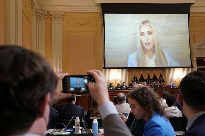 Former White House Senior Adviser Ivanka Trump is seen on a video screen as <a href="https://www.cnn.com/politics/live-news/january-6-hearings-june-9/h_27be376e9a15bebd7ba4991271b2de94" target="_blank">a clip of her testimony</a> is played during the first hearing. In the clip, she said she accepted there was no fraud sufficient to overturn the election.