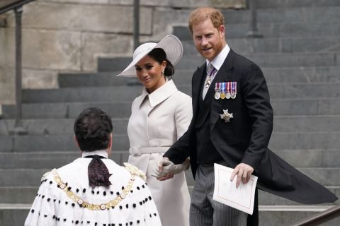 Prince Harry and his wife Meghan, the Duchess of Sussex, depart St Paul's Cathedral in London after attending a <a href=
