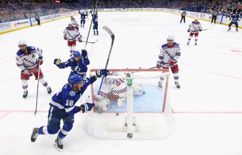 Tampa Bay's Ondrej Palat celebrates his game-winning goal against the New York Rangers in Game 3 of the NHL's Eastern Conference Finals on Sunday, June 5.