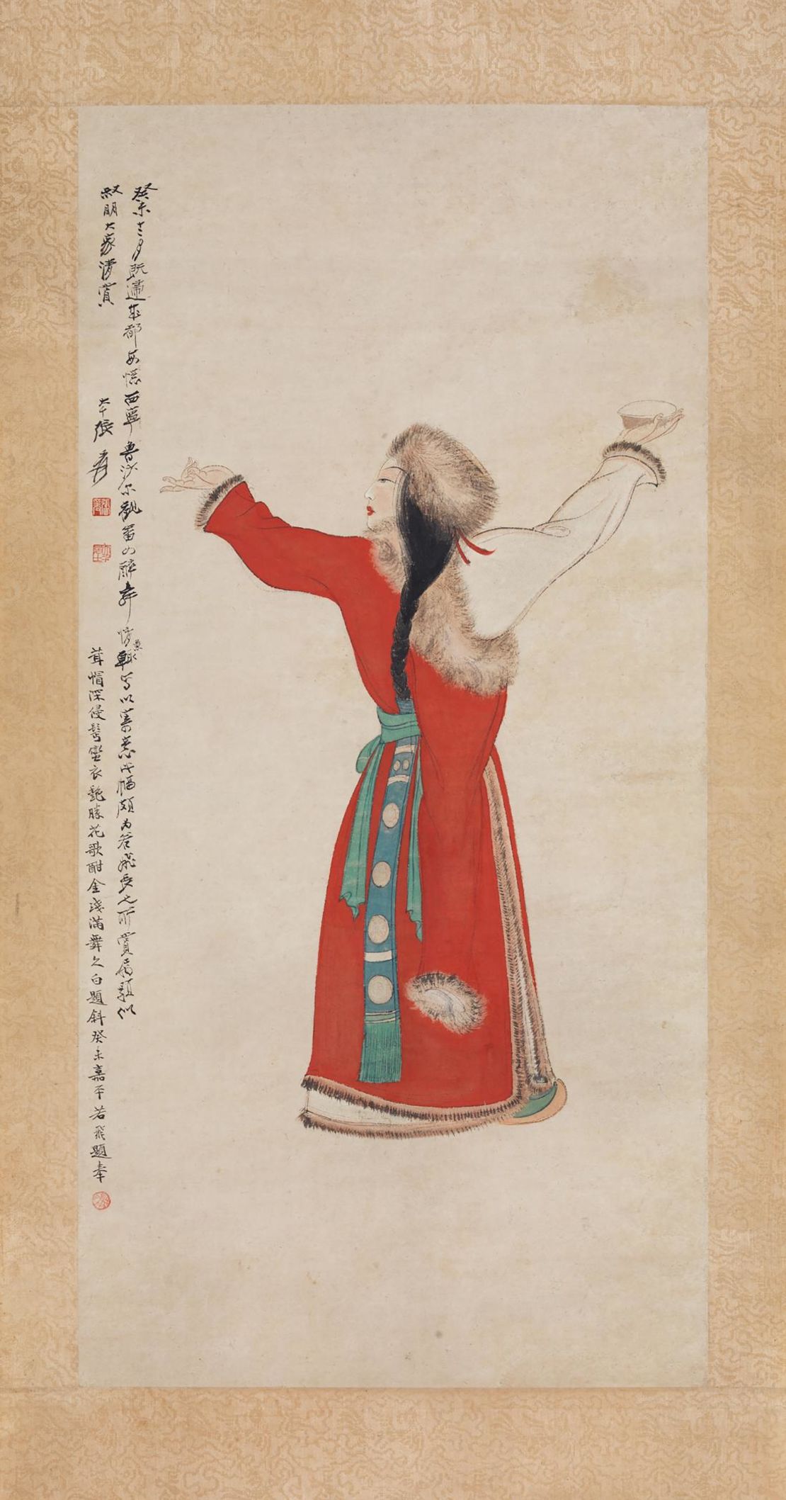 A hanging ink-painted scroll titled "The Drunken Dance" (1943), an earlier, figurative work completed by Zhang while still living in China.