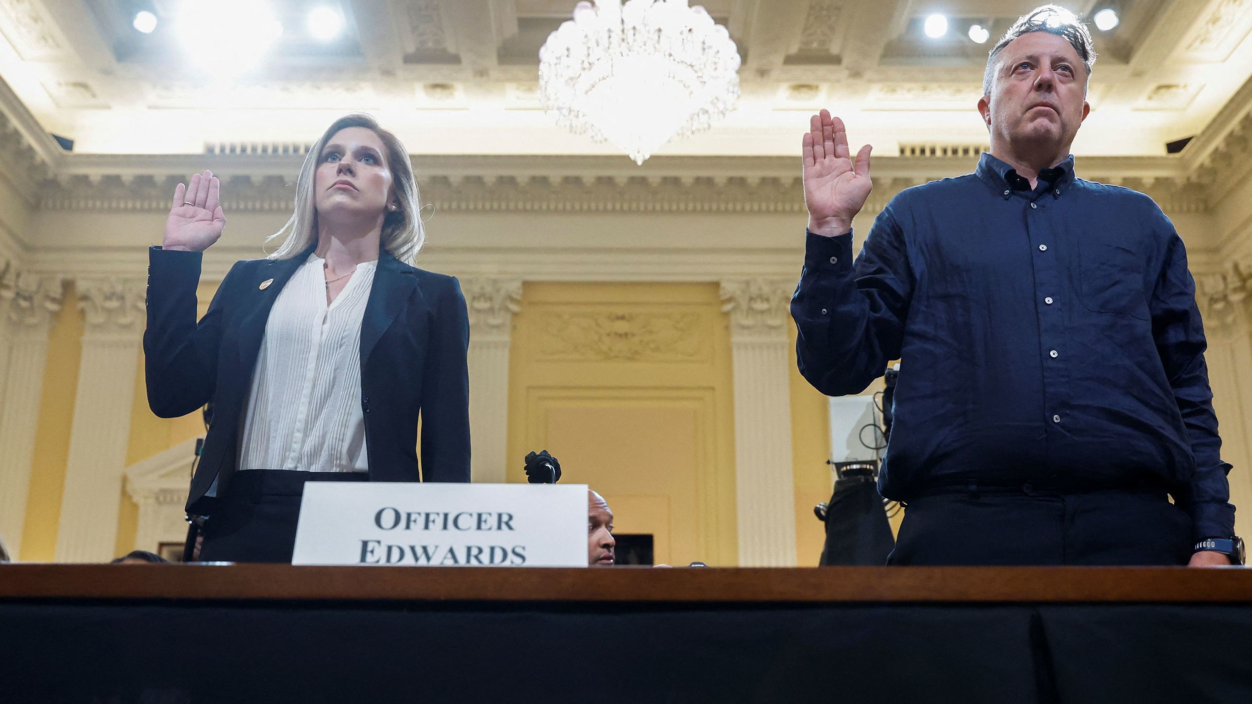Edwards and documentary filmmaker Nick Quested are sworn in to testify on June 9. <a href="index.php?page=&url=https%3A%2F%2Fwww.cnn.com%2Fpolitics%2Flive-news%2Fjanuary-6-hearings-june-9%2Fh_66377cc04541cb92c19fabc8116e1a14" target="_blank">Quested</a> was embedded with the Proud Boys and filmed them on the day of the attack.