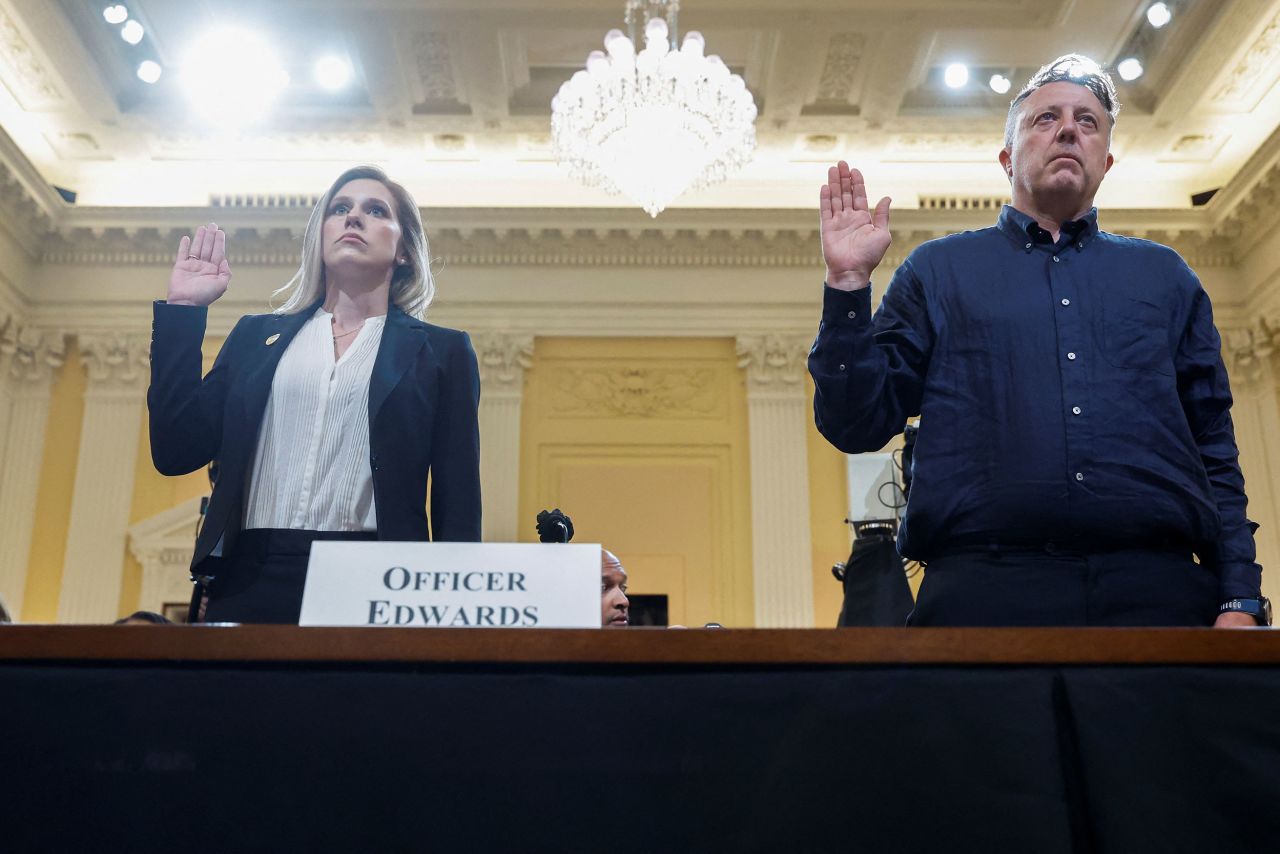 Edwards and documentary filmmaker Nick Quested are sworn in to testify on June 9. <a href="https://www.cnn.com/politics/live-news/january-6-hearings-june-9/h_66377cc04541cb92c19fabc8116e1a14" target="_blank">Quested</a> was embedded with the Proud Boys and filmed them on the day of the attack.