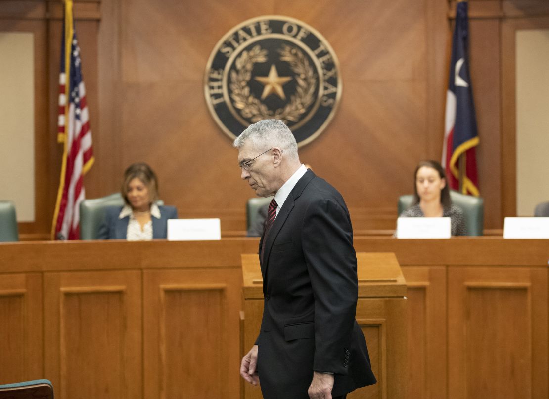 Steve McCraw, Director of the Texas Department of Public Safety, arrives at a meeting of the House Investigative Committee on the Robb Elementary School shooting.