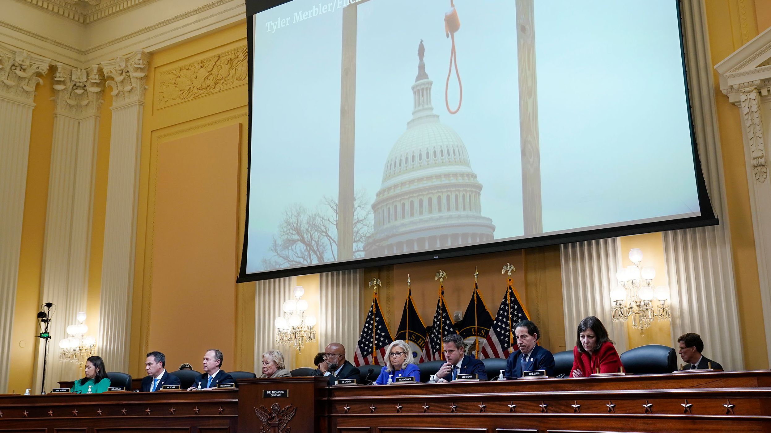 An image of a makeshift noose and gallows, seen on the Capitol grounds on January 6, is shown by the committee during <a href="index.php?page=&url=https%3A%2F%2Fwww.cnn.com%2F2022%2F06%2F09%2Fpolitics%2Fjan-6-hearing-takeaways-thursday%2Findex.html" target="_blank">its presentation on June 9.</a> The presentation showed a now-infamous clip of Trump supporters chanting, "Hang Mike Pence." Trump had criticized the vice president for announcing that he would not overturn the results of the 2020 election.