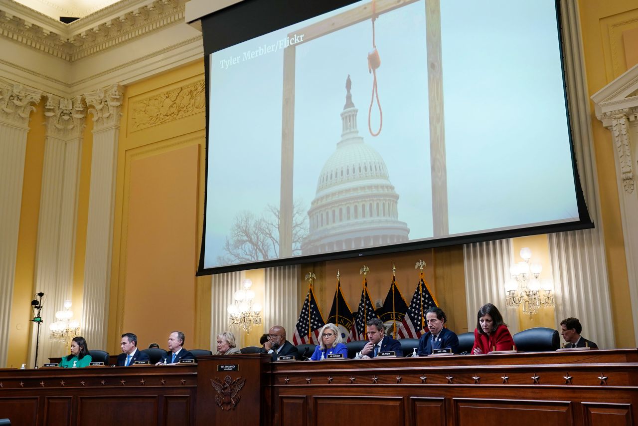 An image of a makeshift noose and gallows, seen on the Capitol grounds on January 6, is shown by the committee during <a href="https://www.cnn.com/2022/06/09/politics/jan-6-hearing-takeaways-thursday/index.html" target="_blank">its presentation on June 9.</a> The presentation showed a now-infamous clip of Trump supporters chanting, "Hang Mike Pence." Trump had criticized the vice president for announcing that he would not overturn the results of the 2020 election.