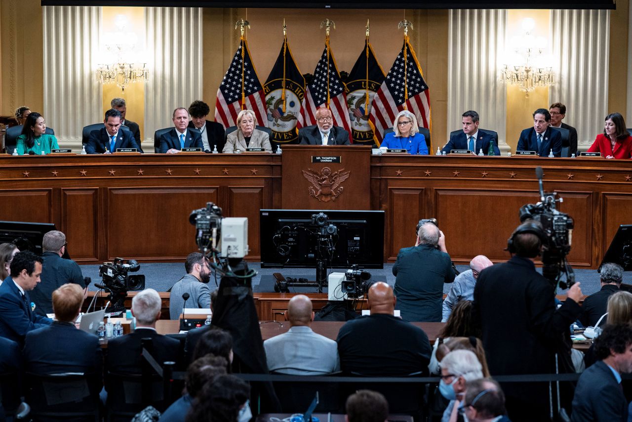The committee is seated at the start of its public hearing on June 9. From left are Murphy, Aguilar, Schiff, Lofgren, Thompson, Cheney, Kinzinger, Raskin and Luria.