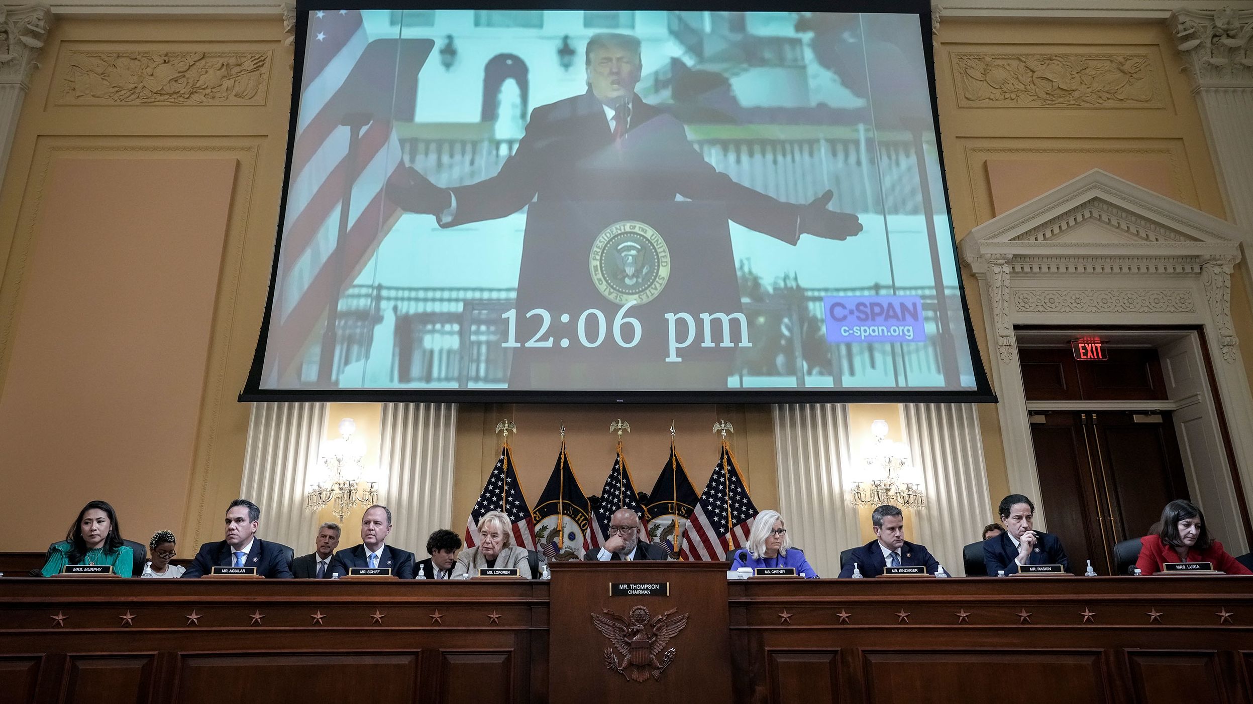 Trump is displayed on a screen during the June 9 hearing.