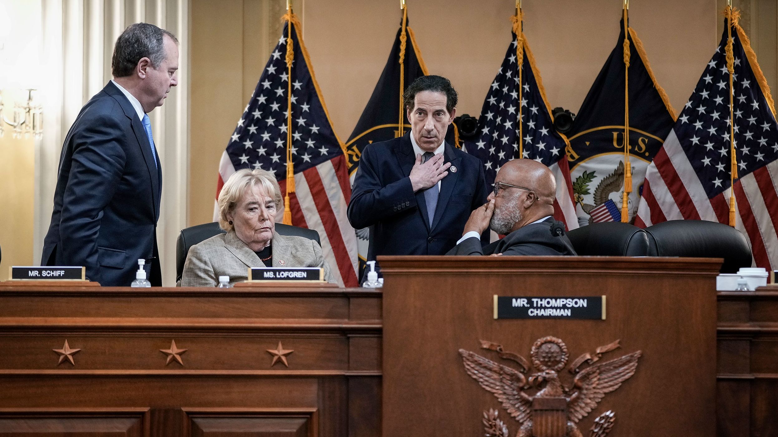 From left, Schiff, Lofgren, Raskin and Thompson confer during a break in the first hearing.