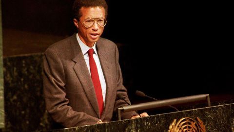 Ashe speaking at the World Health Organization at the United Nations headquarters in New York during a meeting on World AIDS Day in 1992. 