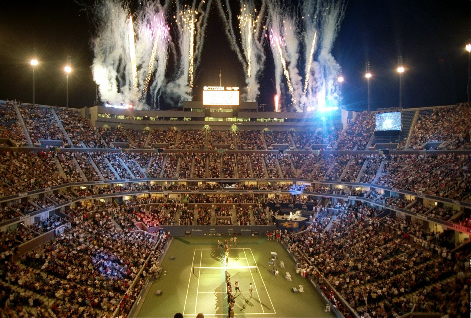 Fireworks are set off during the dedication ceremony for the Arthur Ashe Stadium in New York in 1997.