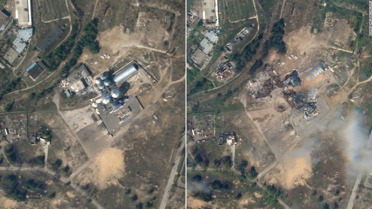 Satellite images taken on April 8 and April 21 show a grain silo in Rubizhne, eastern Ukraine, before and after it was destroyed.