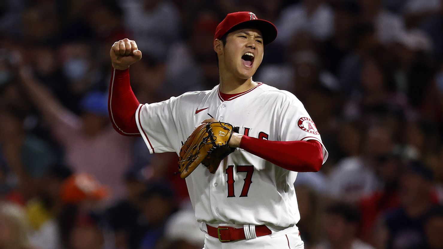 Ohtani celebrates against the Boston Red Sox in what would be the Angels' first win since May 24.