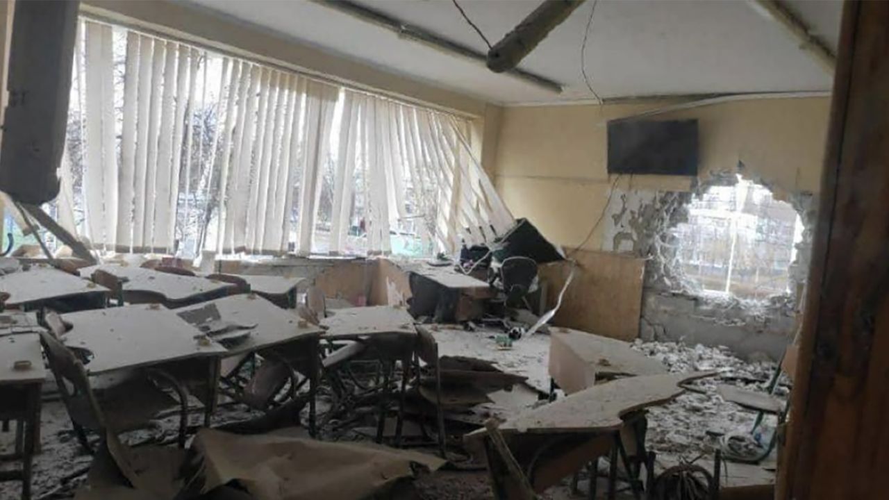 A Telegram post from March shows a school classroom in Kharkiv strewn with debris. It was submitted to the ICC as evidence of a potential war crime by Starling Lab and its partners.
