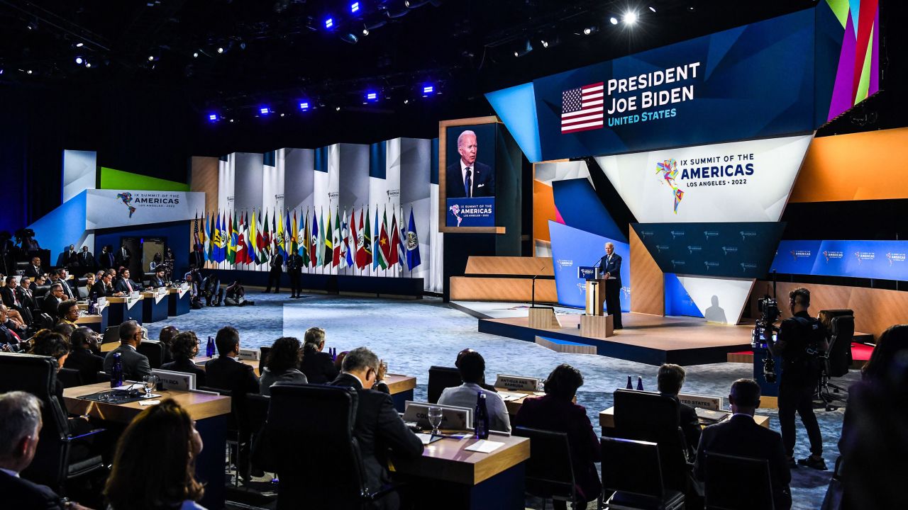 US President Joe Biden addresses a plenary session of the 9th Summit of the Americas, in Los Angeles, Thursday, June 9, 2022. 