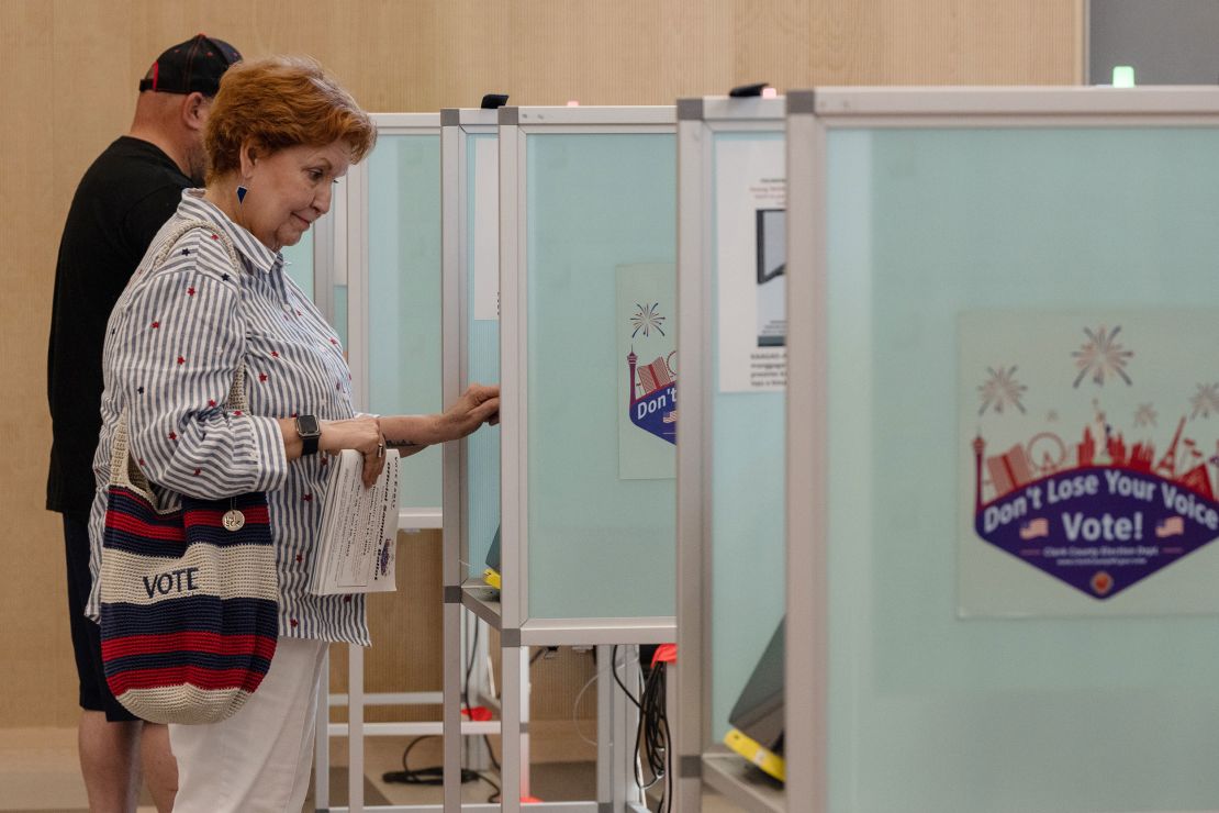 Donna West casts her ballot during early voting for Nevada's primary election on June 1, 2022 in Las Vegas, Nevada.