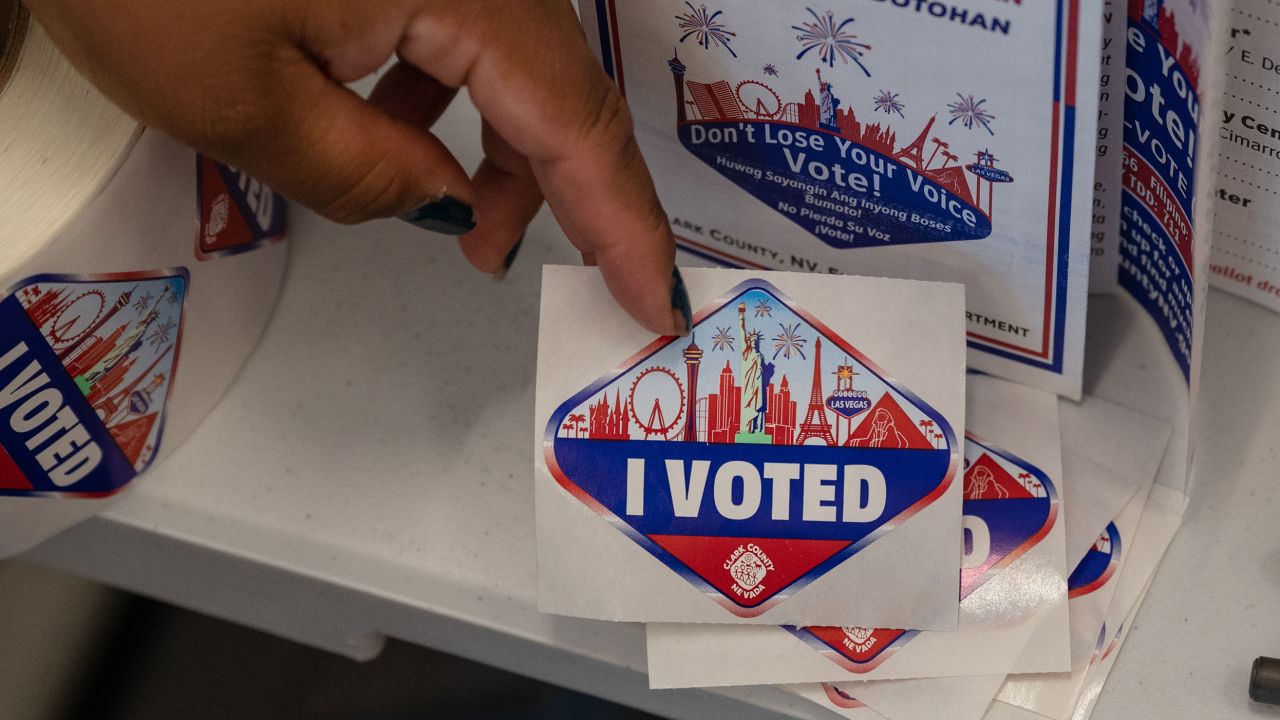 An "I voted" sticker at a polling location during early voting for Nevada's primary election on June 1, 2022 in Las Vegas, Nevada.