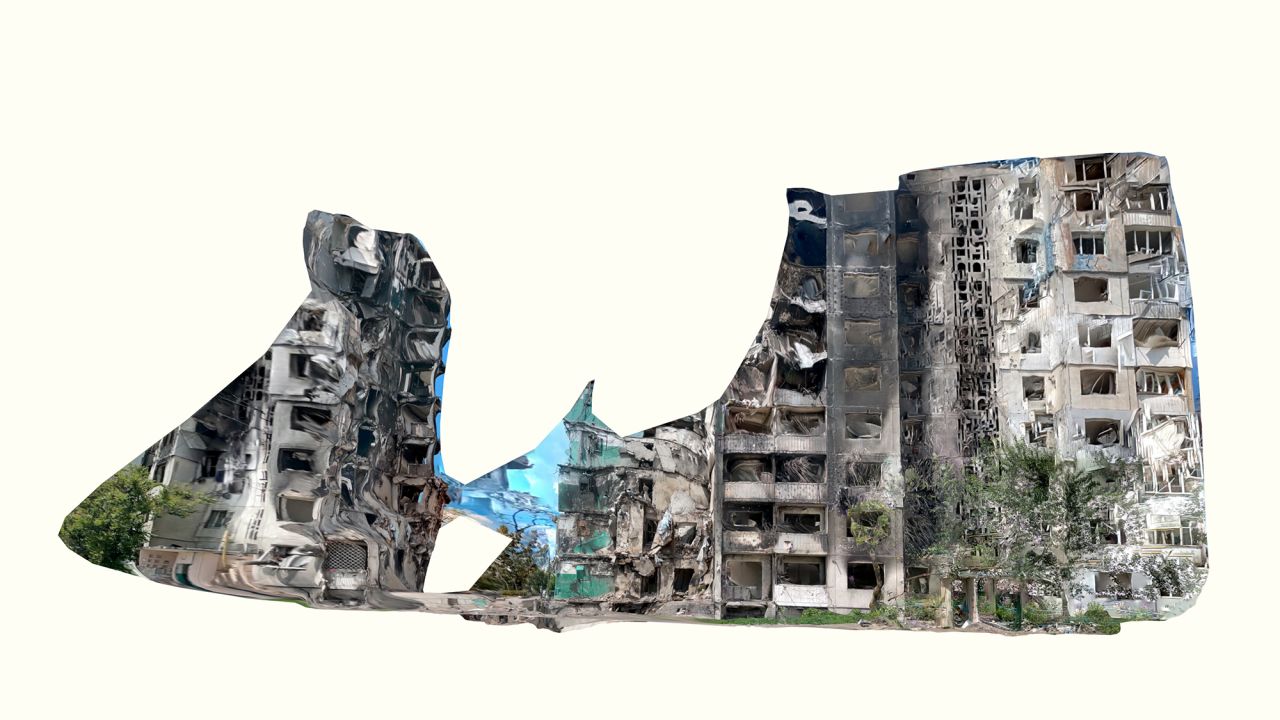 Kamynin created a 3D scan of one of the destroyed buildings in Borodyanka, Ukraine, by using the Polycam app.