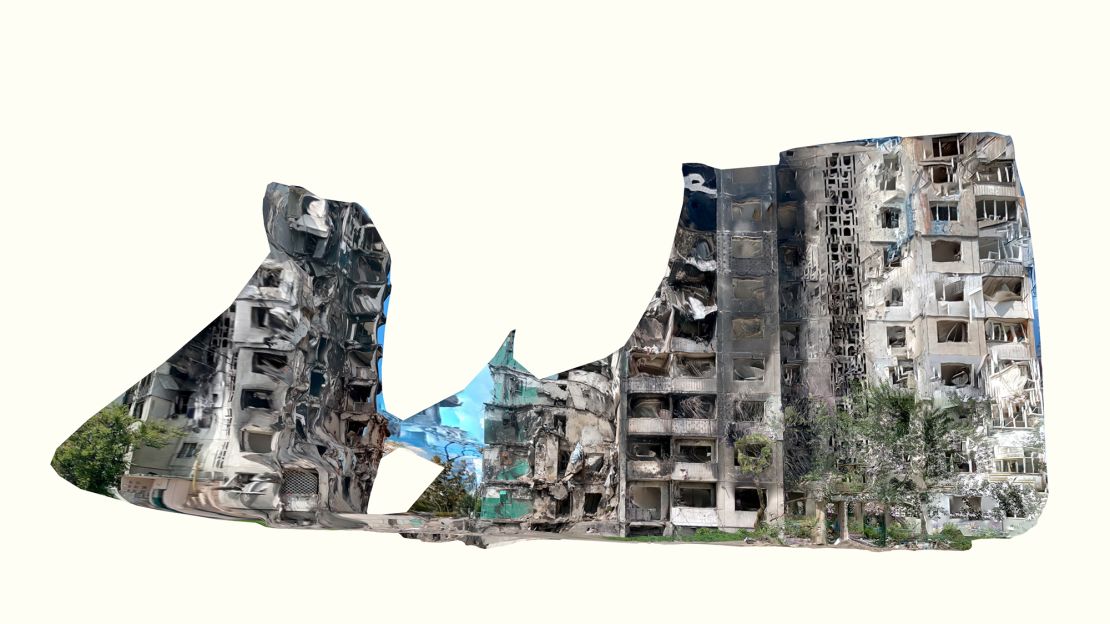 Kamynin created a 3D scan of one of the destroyed buildings in Borodyanka, Ukraine, by using the Polycam app.