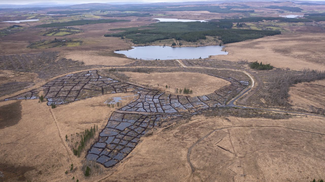 An aerial photograph of cell bunding on peatland that had been a tree plantation in Tullychurry, Northern Ireland. By removing trees and installing cell bunding -- which creates water-tight pockets -- Norther Ireland Water tried to determine if bunding could restore peatland, which naturally filters the country's drinking water. 