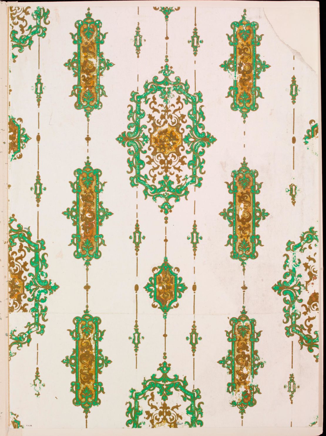 Arsenic-laced wallpaper with an arabesque pattern, printed with a special pigment called Scheele's Green in the early 19th century.