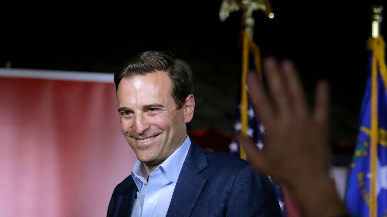 Republican Senate candidate from Nevada Adam Laxalt reacts to the crowd at a campaign event at Stoneys Rockin Country on April 27, 2022 in Las Vegas, Nevada.