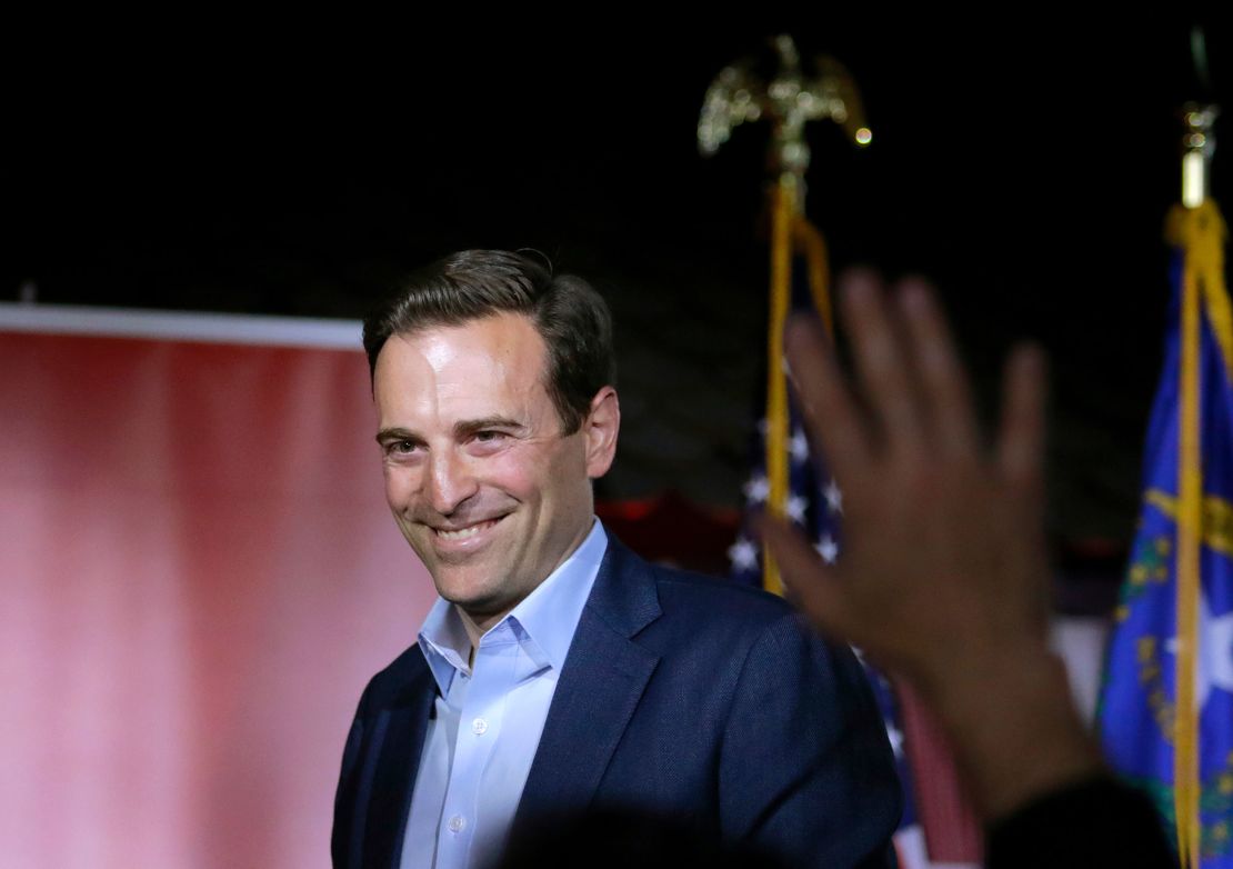 Republican Senate candidate from Nevada Adam Laxalt reacts to the crowd at a campaign event at Stoneys Rockin Country on April 27, 2022 in Las Vegas, Nevada.