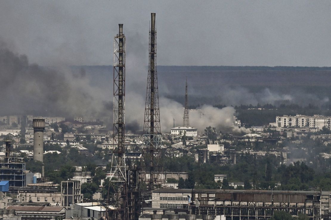 Black smoke and dirt rise from the nearby city of Severodonetsk during battle between Russian and Ukrainian troops in the eastern Ukraine region of Donbas on June 9, 2022. 