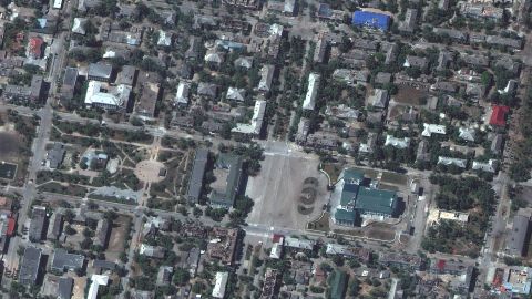 A satellite image shows damaged buildings near Chemist's Palace of Culture in downtown Severodonetsk on June 6, 2022. 
