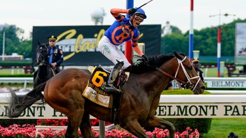 Mo Donegal with jockey Irad Ortiz Jr. up, crosses the finish line to win the 154th running of the Belmont Stakes Saturday.