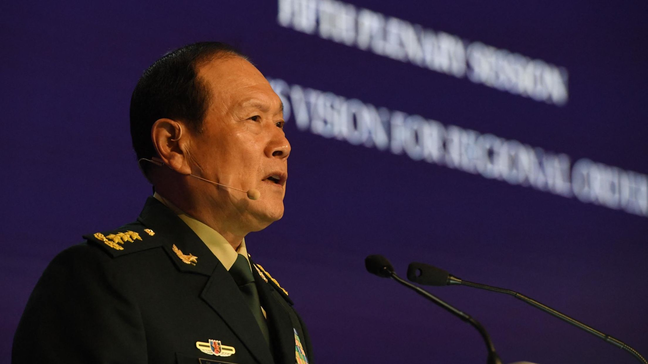 China's Defense Minister Wei Fenghe speaks at the Shangri-La Dialogue summit in Singapore on June 12, 2022. 