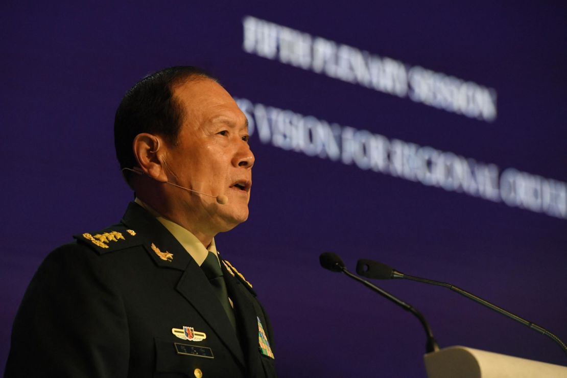 China's Defense Minister Wei Fenghe speaks at the Shangri-La Dialogue summit in Singapore on June 12.