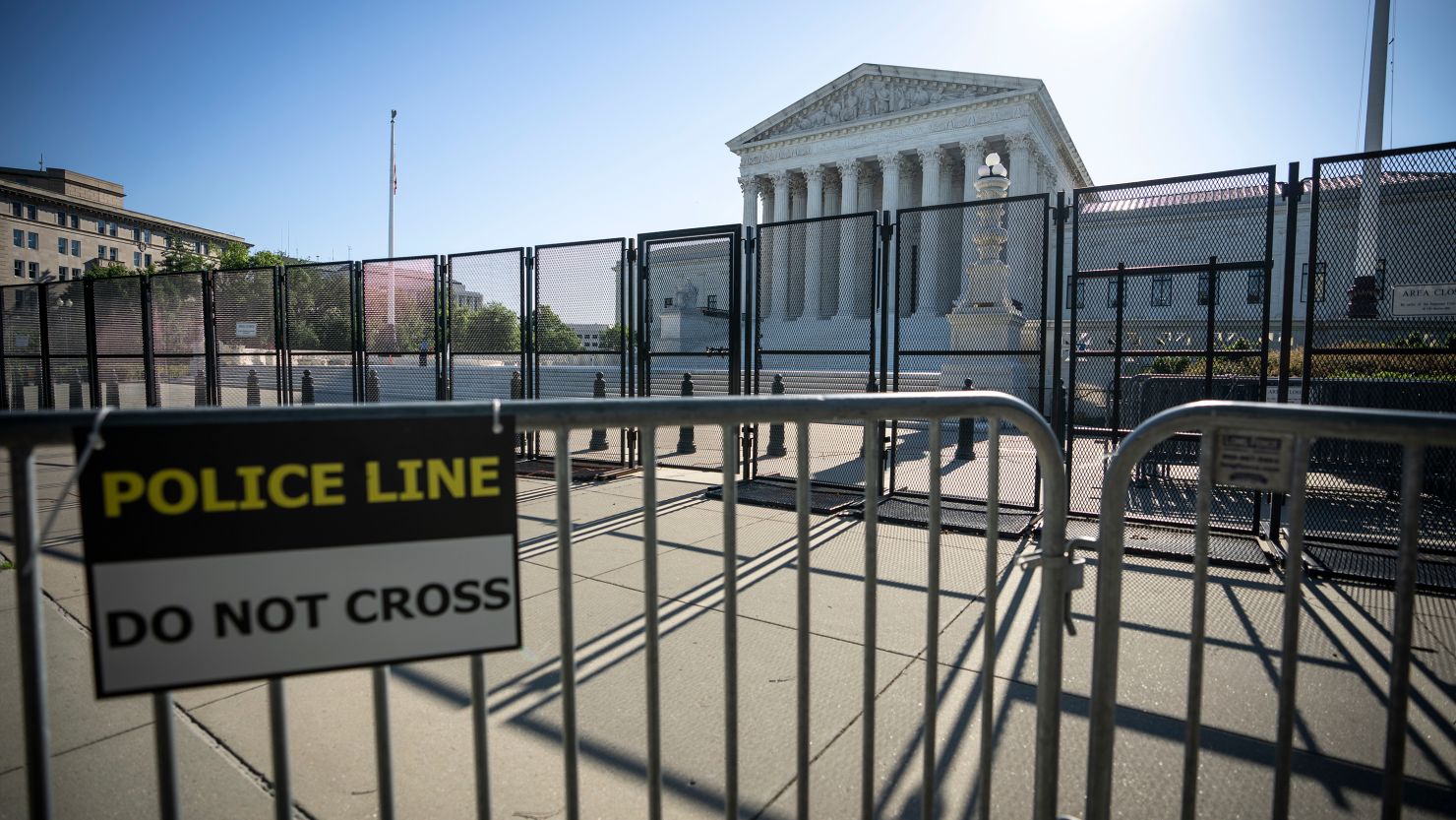 Security fencing surrounds the U.S. Supreme Court on June 6, 2022 in Washington, DC. According to media reports, Supreme Court officials are escalating their search for the source of the leaked draft opinion that would overturn Roe v. Wade. The justices have 33 remaining cases to be decided by the end of June or the first week in July. The issues include abortion, guns, religion and climate change.