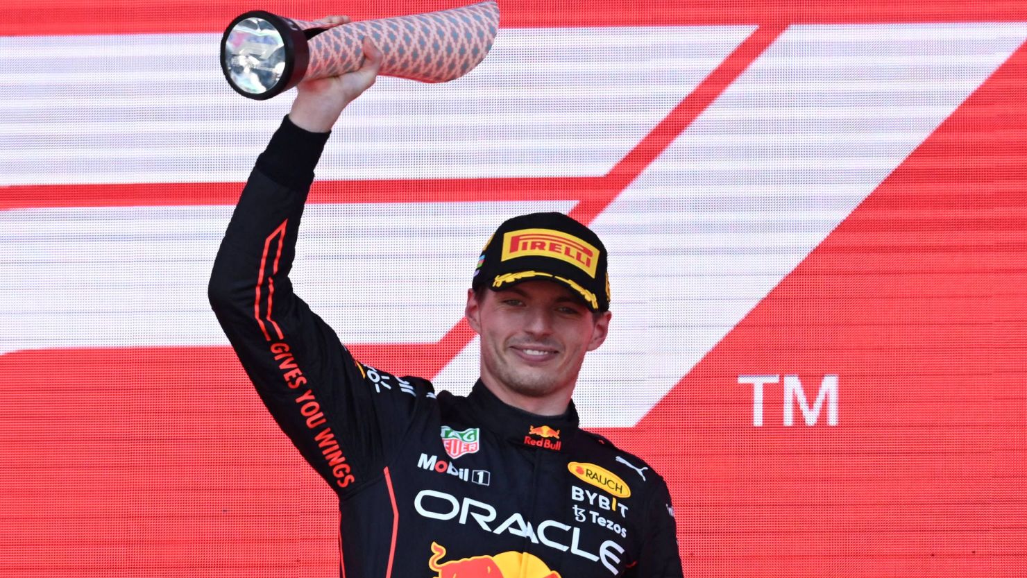 Max Verstappen celebrates after winning the Azerbaijan Grand Prix.
